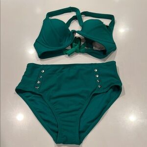 Time and Tru Green Bikini Set High-Waisted Modern Swim